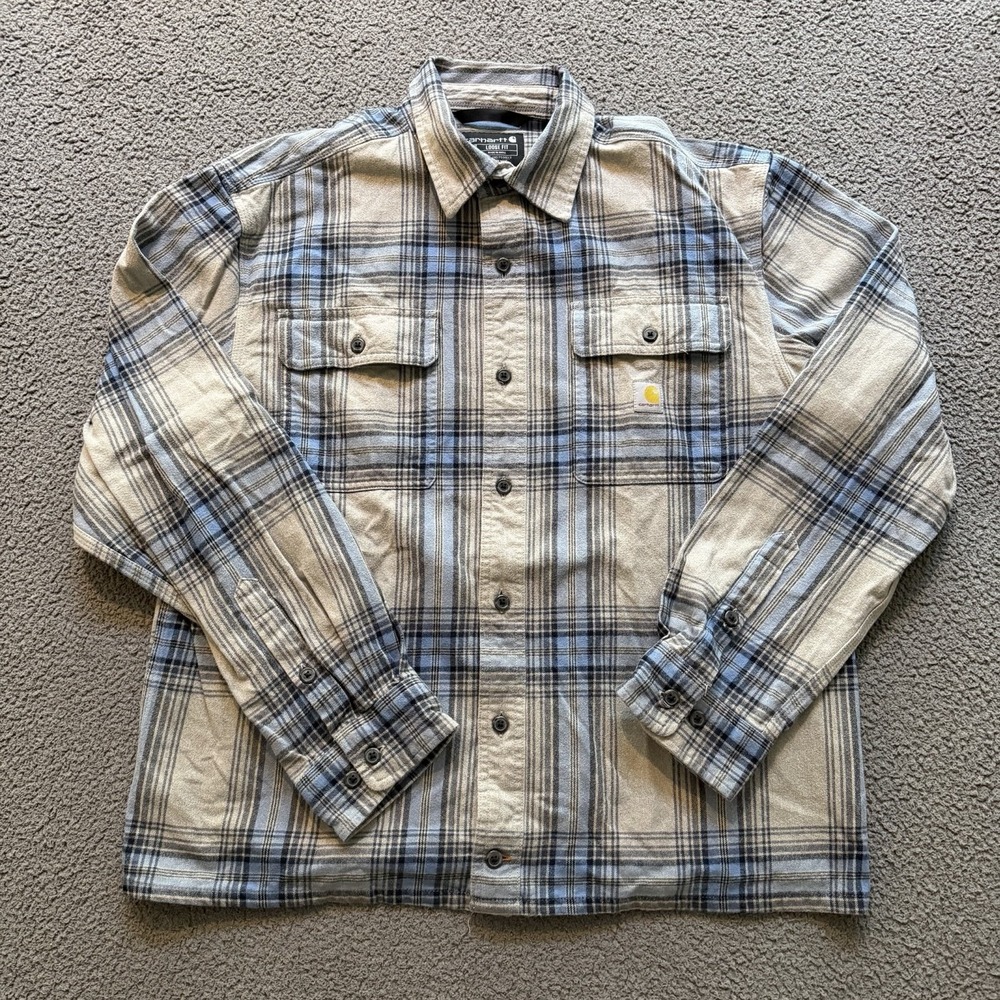 Carhartt Loose Fit Heavyweight Flannel Long-Sleeve Blue Gray Plaid Shirt Medium
